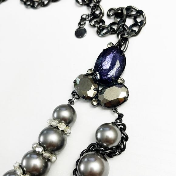 Talbots Chunky Faux Silver Pearl & Chain Purple Stone Statement Necklace - Picture 5 of 8